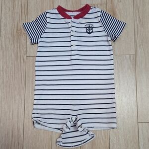 Polo by Ralph Lauren White and Navy Striped Baby Romper